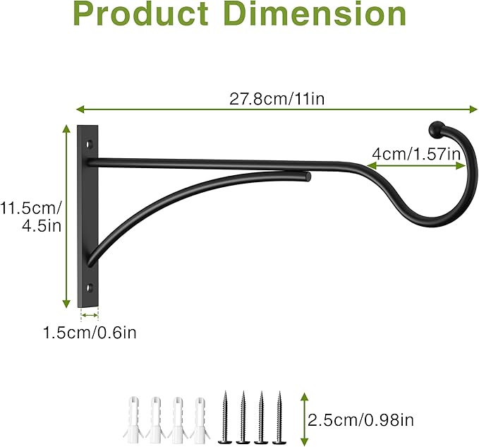11 Inch Outdoor Plant Hanging Hooks for Wall:Metal Bracket for Hanging Baskets, Bird Feeders, Wind Chimes, Flower Baskets, Yoga Mat, Lanterns, Black