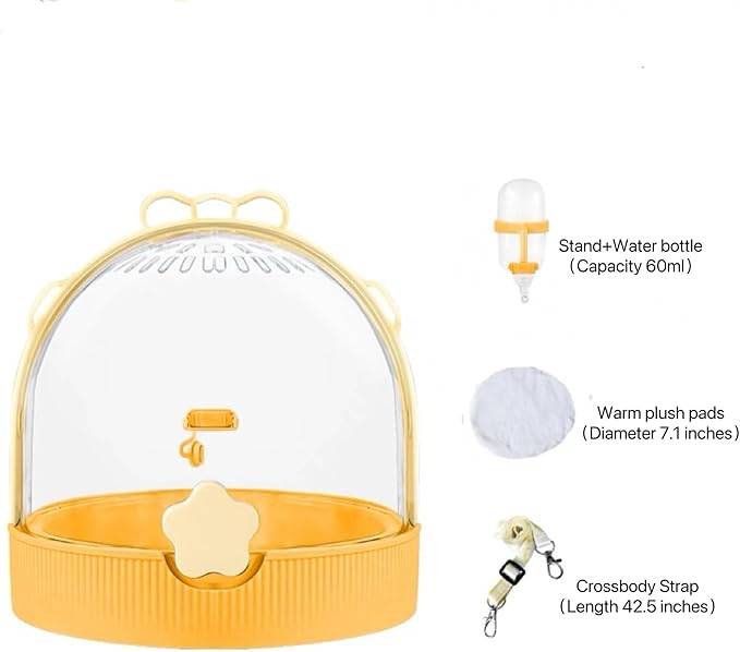 TUTU&LELE Small Animal Carrier, Travel Carry-Out Cage with Warm Plush Pads and Water Bottle can be Carried Both by Hand and Crossbody, Suitable for Dwarf Hamsters, Mice, Hamsters (Yellow)
