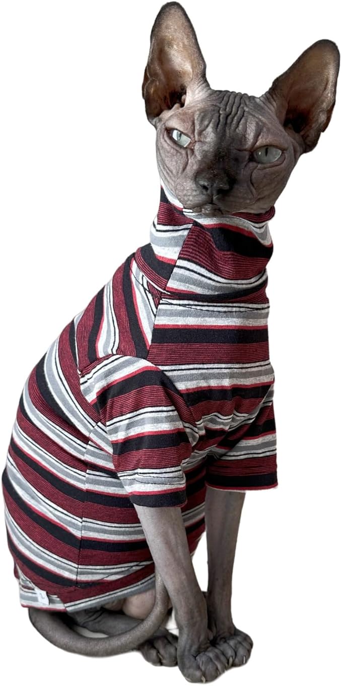 Vintage Stripes Sphynx Hairless Cats Shirt Cotton Cat Turtleneck Pet Clothes Kitten T-Shirts with Sleeves for Sphynx Cats (Old School, Large)