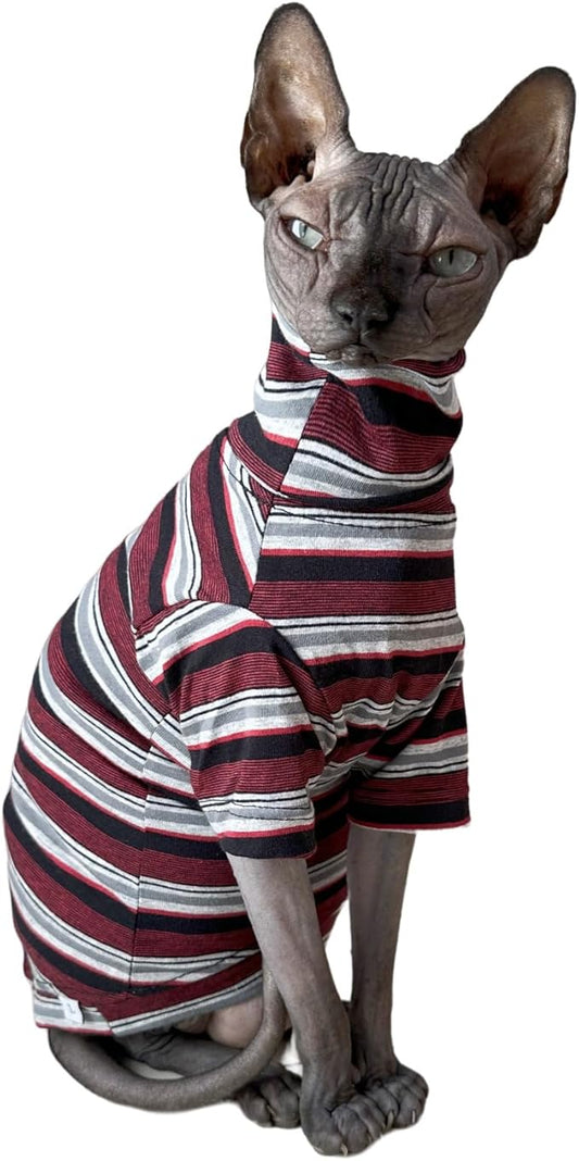 Vintage Stripes Sphynx Hairless Cats Shirt Cotton Cat Turtleneck Pet Clothes Kitten T-Shirts with Sleeves for Sphynx Cats (Old School, Medium)