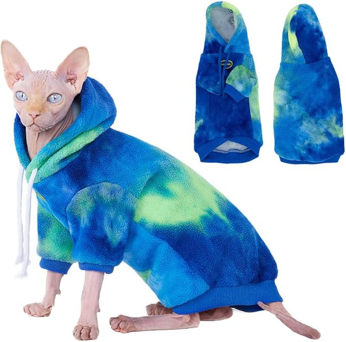 Sphynx Cat Hoodie Sweater, Thick Warm Stratch Soft Cat Hoodie Jacket,Two Legged Warm Fleece Hoodie for cat,Autumn Winter Clothes for Kitten Small Dogs (Blue&Green Tie Dye, M (3-5lbs))