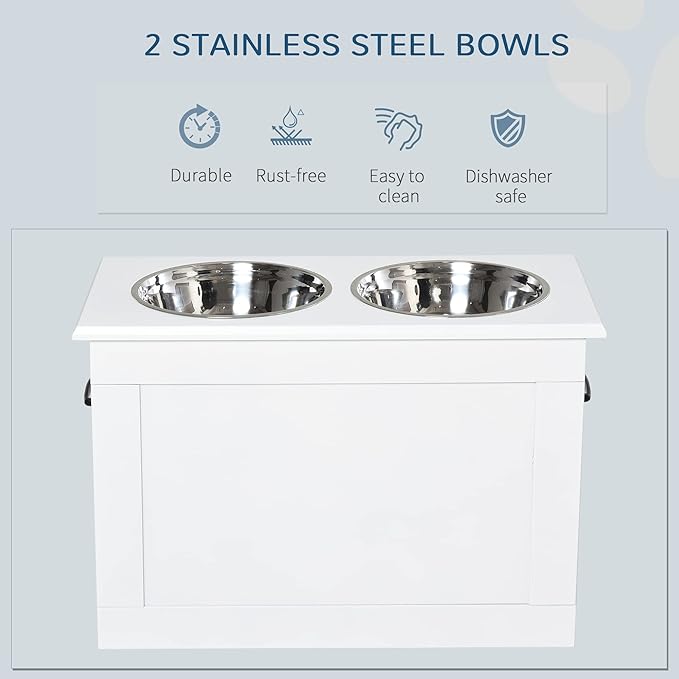 PawHut Raised Pet Feeding Storage Station with 2 Stainless Steel Bowls Base for Large Dogs and Other Large Pets, White