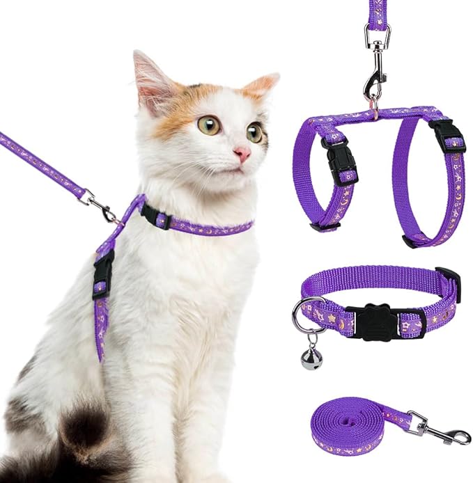 PAWCHIE Cat Harness with Leash and Collar Set - Escape Proof Adjustable H-shped Cat Harness with Star and Moon Pattern Glow in The Dark for Kitty Outdoor Walking, Purple M