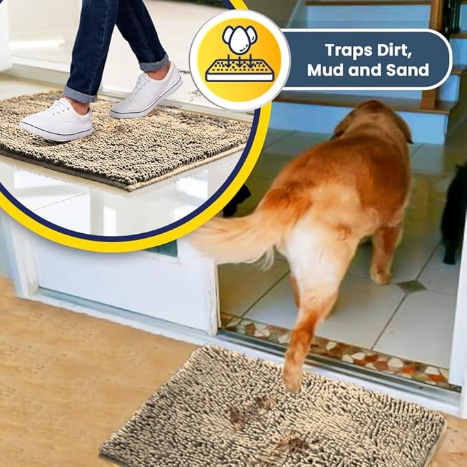 Muddy Mat® AS-SEEN-ON-TV Highly Absorbent Microfiber Door Mat and Pet Rug, Non Slip Thick Washable Area and Bath Mat Soft Chenille for Kitchen Bathroom Bedroom Indoor and Outdoor - Beige 6ft x 9ft