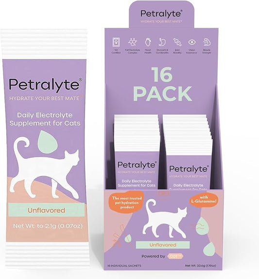Petralyte Cat Hydration Electrolyte and Cat Joint Supplement | Hydration Support for Cats w/Glucosamine, Chondroitin, L-Glutamine, Taurine, Lysine & Prebiotics | Unflavored | 16 Packets
