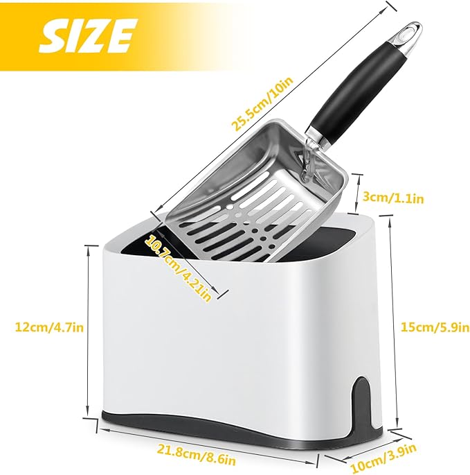 Cat Litter Scooper with Holder, Stainless Steel Cat Litter Scoop, Kitty Poop Scooper Stand for Litter Box, Cat Caddy for Litter Scoop, Fast Sifting Kitty Poop Scooper Caddy Poop Scooper Stand