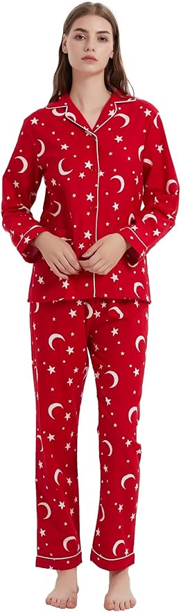 GLOBAL Flannel Pajamas for Women 2-Piece Comfy and Cozy Flannel Pj Set Cotton Loungwear