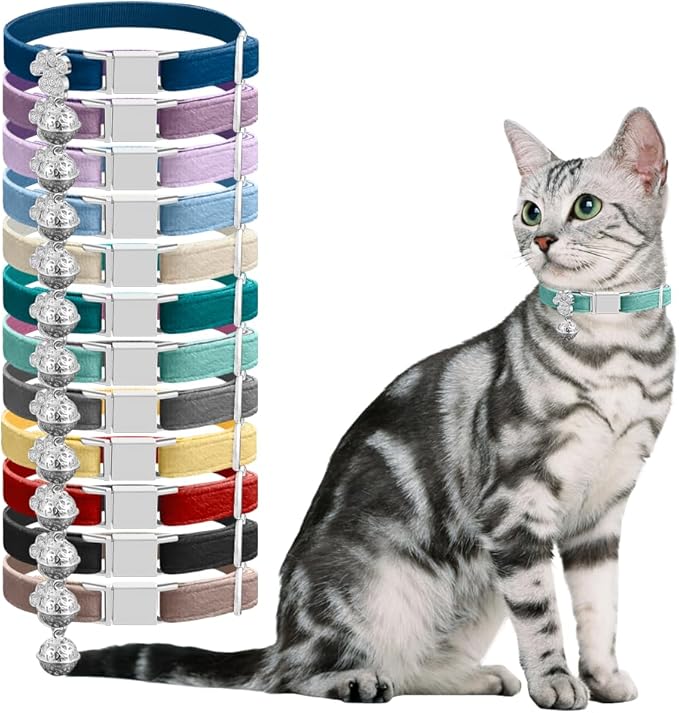 Personalized Breakaway Cat Collars - Magnetic Buckle, Bell - Safety Quick Release, Customized for Girls & Boys Cats- (Velvet-Chocolate)