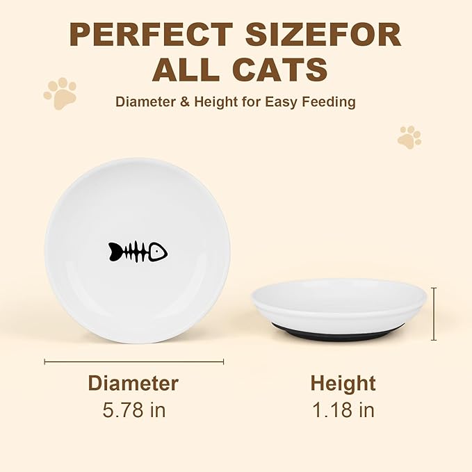 Ceramic Cat Food Bowls - 4 Pack Shallow Plates for Wet Food, Whisker-Friendly Feeding Dish with Non-Slip Silicone Base, Microwave & Dishwasher Safe for Indoor Cats & Kittens