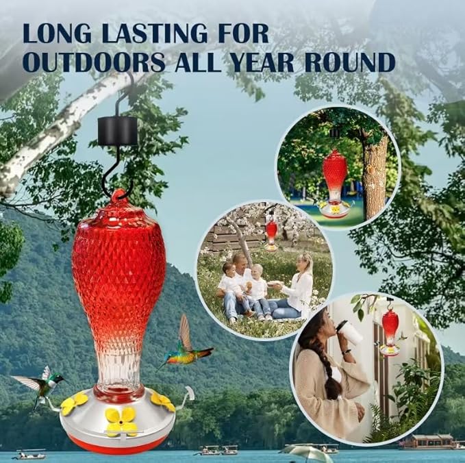 Hummingbird Feeder for Outdoors,17 OZ Glass Humming Bird Feeder for Garden Decor,Four Flowers Feeding Ports,Leak Proof,Ant Moat Included,Humming Gifts for Women