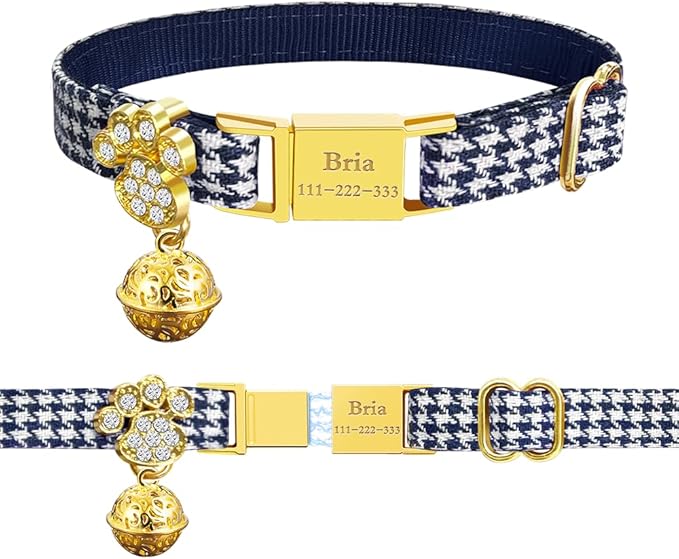 Personalized Breakaway Cat Collars - Magnetic Buckle, Bell - Safety Quick Release, Customized for Girls & Boys Cats- (Houndstooth-Navy)