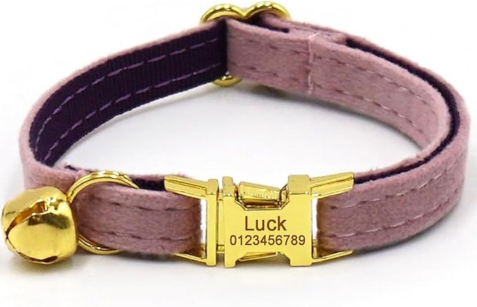 Personalized Cat Collar with Bells,Velvet Customized Small Cat Collar with Name Tag,Pet Collar with Name Phone Number Engraved ID Tags for Boy and Girl Kitten Cats (Pink Purple)