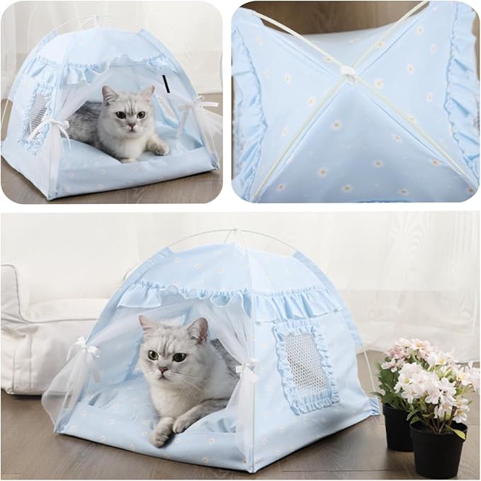 Cat Bed Tents Dog House Indoor Outdoor Lace Mesh Breathable Windows Door Curtains Removable Portable Nest Teepe House (Small,Blue)