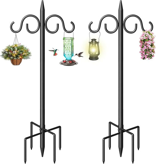Double Shepherds Hooks for Outdoor, 76 Inch Heavy Duty Bird Feeder Pole with 5 Prongs Base, Adjustable Shepherds Hook for Bird Feeder, Garden, Weddings, Hanging Plant, 2 Pack