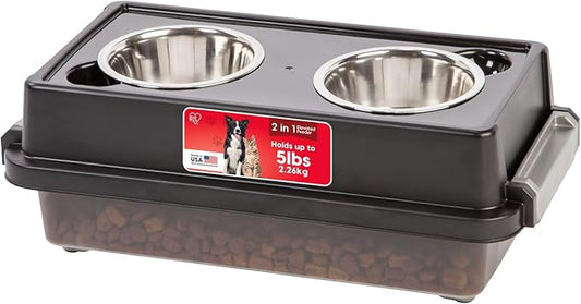 IRIS USA 2-in-1 Elevated Dog Bowls 6" H with Airtight Pet Food Storage Container Holds Up to 5 Lbs, Removable 2 Thick 16 oz Stainless Steel Bowls, at Home or Camping Pet Dish Bowl Set, Smoke/Black