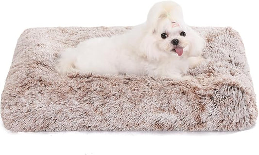 Bedfolks Waterproof Dog Crate Bed, Plush Dog Kennel Pad with Removable Washable Cover, Faux Fur, 17"x12", Brown