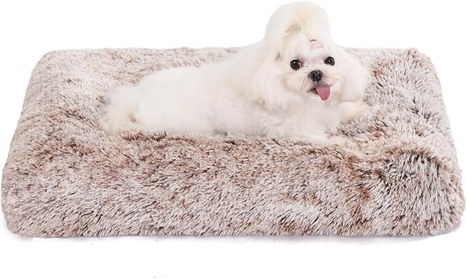 Bedfolks Waterproof Crate Bed, Plush Dog & Cat Bed with Removable Washable Cover, Faux Fur Kennel Pad, 21"x13", Brown