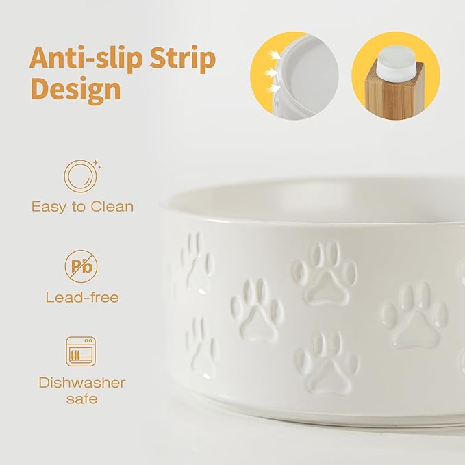 Elevated Ceramic Dog Bowls 2 Pack, 8.3 inch Raised Dog Bowl for Large Sized Dogs, 10" Wide x 11" Tall with Non-Slip Bamboo Stand, Dishwasher Safe (Double Bowls + Double Stands - White, 8 inch)