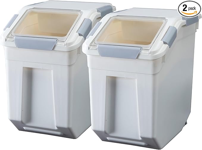 HANAMYA 25 Liter / 40 lbs Rice Storage Container with Measuring Cup, BPA free, For Rice | Grain | Pet Food | Flour, 2 count, White