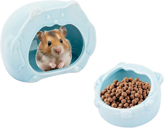 Bear-Shaped Hamster Hideout & Food Bowl Set - Ceramic Habitat for Syrian Dwarf Hamsters, Mice, Gerbils - All-Season Use, Chew-Proof Ceramic House and Feeding Dish for Small Pets(Blue)