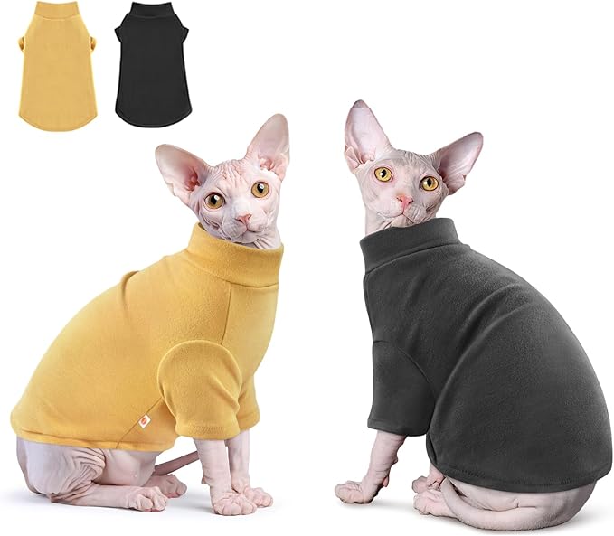 Idepet Sphynx Cats Sweater 2 Pack,Turtleneck Hairless Cat Shirt Soft and Warm Kitten Clothes with Sleeves Pullover Pet Winter Pajamas Jumpsuit for Cat Puppy (Black&Yellow, Medium)