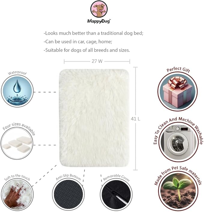 IHAPPYDOG Luxury Faux Fur Orthopedic Dog Beds, Memory Foam Crate Bed for Small, Medium, Large and XL Pets, Fluffy Pet Bed with Waterproof and Washable Cover, Fits Crates (White, 41"x27")