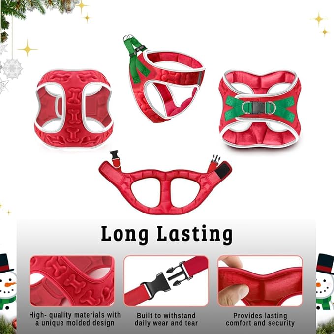 Comfort Fit Christmas Step-in Dog Harness – Festive All-Weather Dog & Puppy Harness | Adjustable, Soft Padded, No-Pull Holiday Vest for Small & Medium Dogs, Easy to Put On, Secure Buckle Fit