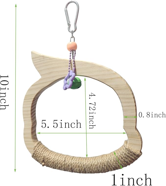 Wooden Bird Swing Perch Toy for Small and Medium Parrots, Natural Wood Ring with Bell and Rope Wrap, Hanging Cage Toy for Cockatiels, Budgies, Lovebirds, Conures