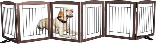 ZJSF Freestanding Dog Fence Indoor, Foldable Dog Gate for Doorways, Stairs or Hallways, Sturdy Wood Extra Wide Pet Gate with Support Feet for The House, Brown, 24 "Height-6 Panels