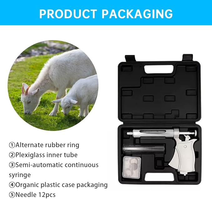 50ML Livestock Syringe Animal Injection Gun,Adjustable Continuous Injection Gun with 12Pcs Stainless Steel Injection Needles for Horses Cattle Pigs Sheep