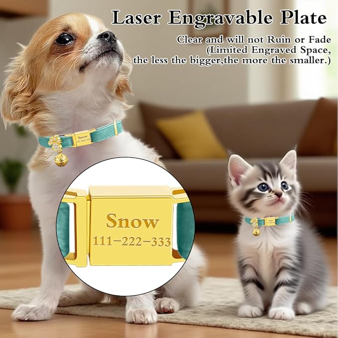 Personalized Breakaway Cat Collars - Magnetic Buckle, Bell - Safety Quick Release, Customized for Girls & Boys Cats- (Velvet-Lake Blue)