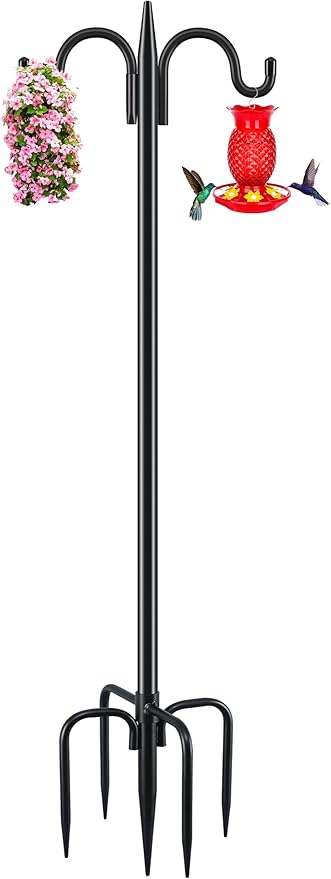Gtongoko Double Shepherds Hook for Outdoor, 63 Inch Heavy Duty Bird Feeder Pole 5/8 Inch Thick Garden Hooks for Hanging Hummingbird Feeder, Plant Baskets, Solar Light Lanterns, 1 Pack