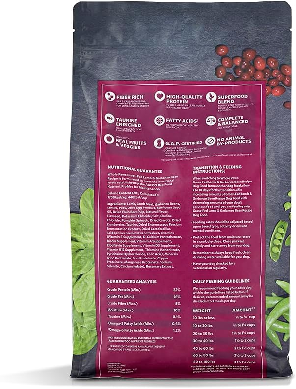 Whole Paws, Grain-Free Dry Adult Dog Food, Grass-Fed Lamb & Garbanzo Bean Recipe, 4 lb (Pack of 2)