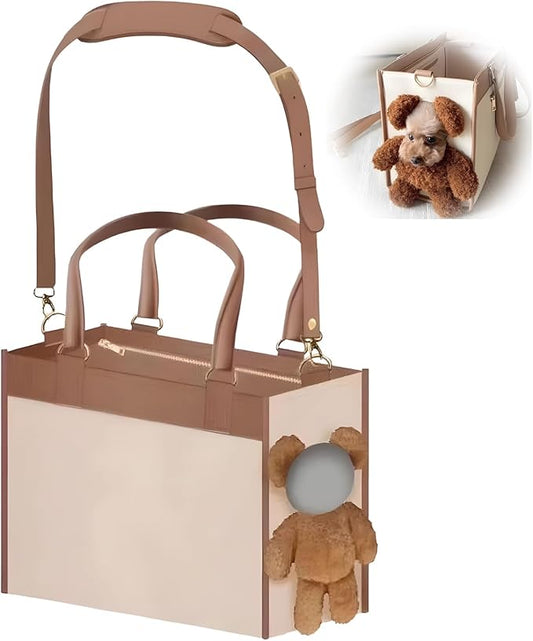 Portable Pet Carrier Bag - One-Shoulder Portable Cute Dog Outing Largecarrier Bag, Cute Bear Face Design with Peekaboo Window, Large Capacity PU Pet Out Shoulder Bag for Small Dogs & Cats (Large)