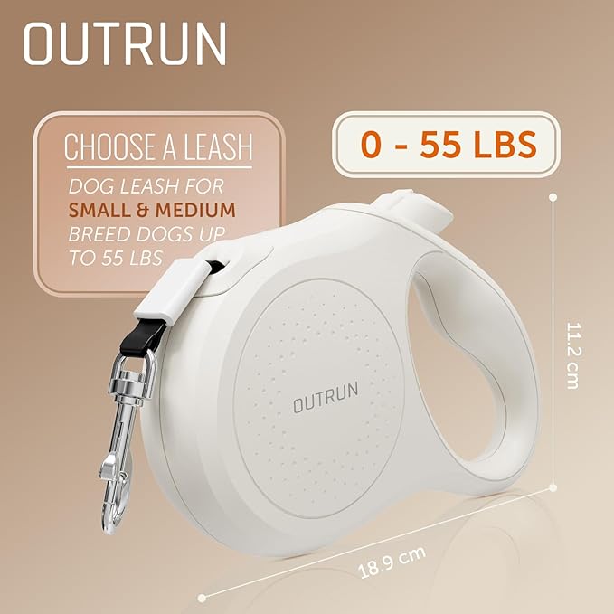 OUTRUN Retractable Dog Leash 16 FT Walking Leash up to 55 Lbs, Strong Nylon Tape No Tangle, Heavy Duty One-Handed Brake Lock Perfect for Small & Medium Sized Dogs and Pets (Starlight White)