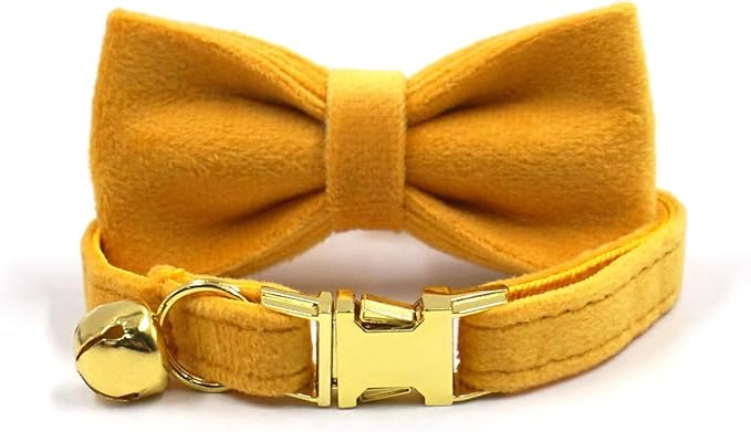 Personalized Cat Collar with Bells,Velvet Customized Small Cat Collar with Name Tag,Pet Collar with Name Phone Number Engraved ID Tags for Boy and Girl Kitten Cats (Turmeric)