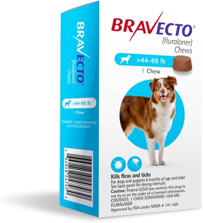 BRAVECTO Chew for Dogs, Flea & Tick, 1 Chew, 12 Week Supply, >44-88 lbs., Blue Box
