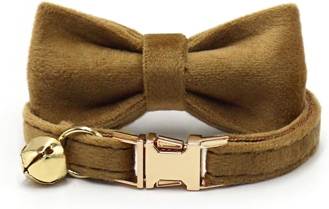 Personalized Cat Collar with Bells,Velvet Customized Small Cat Collar with Name Tag,Pet Collar with Name Phone Number Engraved ID Tags for Boy and Girl Kitten Cats (Camel Color)