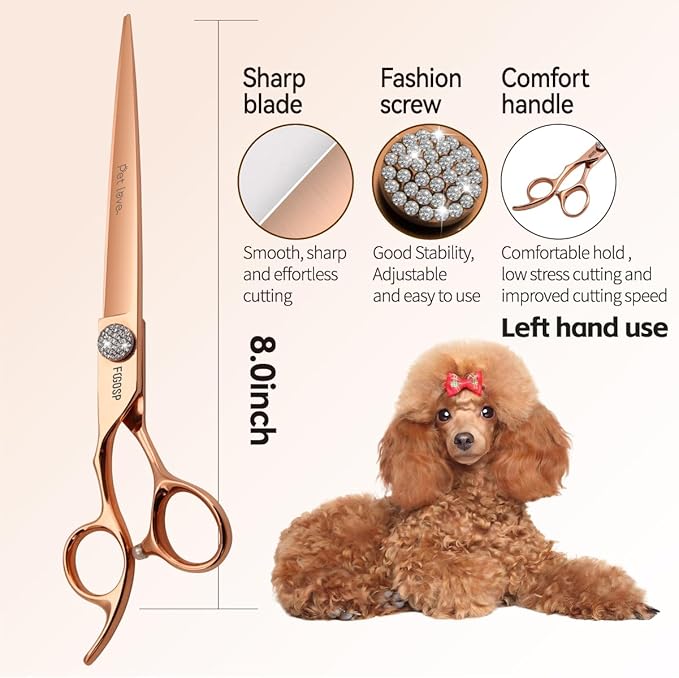 8'' Professional Left Handed Dog Grooming Scissors Straight Long Large Grooming Shears for Dogs Pet Rose Gold Titanium Japan 440C Lefty Hand Dog Hair Cutting Scissors for Poodle(8,Straight)