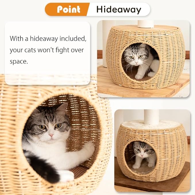 Wooden Cat Tower for Large Cats, 63’‘ Modern Multi-Level Condo with Natural Wood, Indoor Cat Furniture for Medium and Big Pets (White 81007DD)