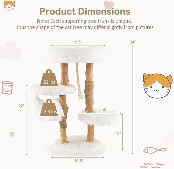 Tangkula Cat Tree Tower, Solid Wood Modern Cat Tower with Cozy Top Perch, 2 Platforms & 1 Hammock, Natural Branch Cute Cat Tree with Scratching Posts & Sisal Rope for Indoor Cats