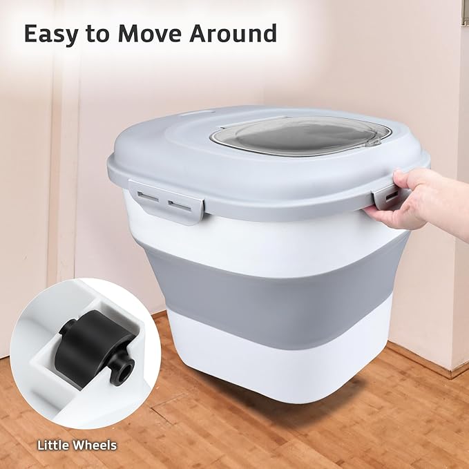 Rice Storage Bin Cereal Containers, 13-50lb Collapsible Rice Container Dispenser with Transparent Lid, Rolling Wheels, Measuring Cup and Scoop, Airtight Dog Cat Pet Food Storage Container White