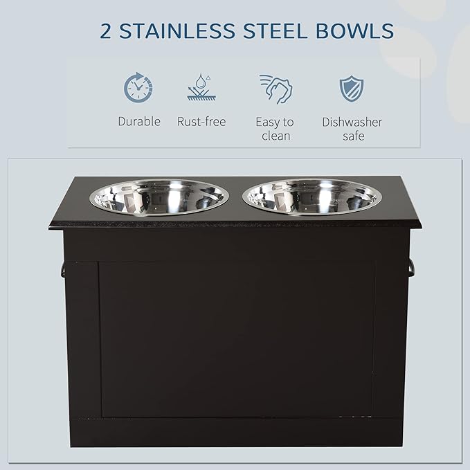 PawHut Raised Pet Feeding Storage Station with 2 Stainless Steel Bowls Base for Large Dogs and Other Large Pets, Coffee