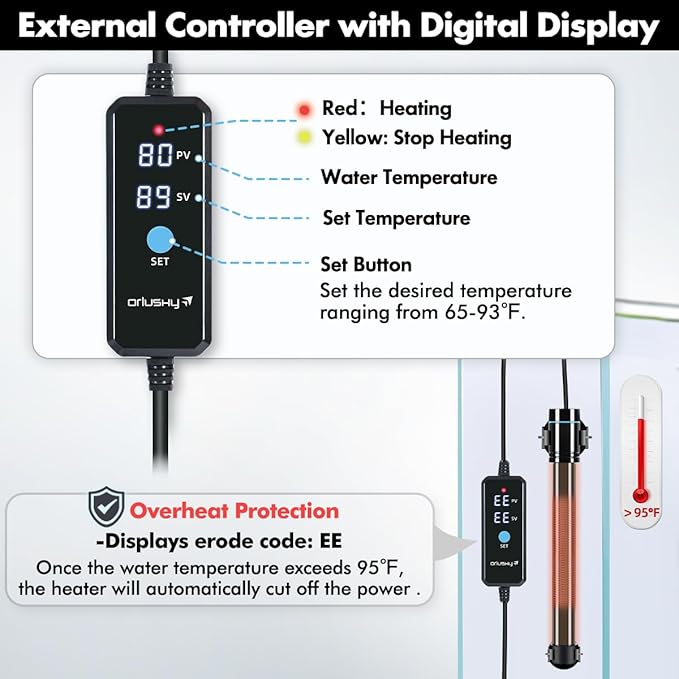 Orlushy 300W Submersible Aquarium Heater, Adjustable Fish Tank Heater with Digital Display External Controller, Overheat Protection and Free Thermometer for 40-60 Gallons Freshwater and Saltwater Tank