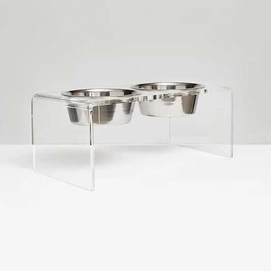 Hiddin Double Elevated Dog Bowl Stand for Medium or Large Dogs, All Breeds, Clear Acrylic 7 Inch Raised Dog Bowl Stand with Two Stainless Steel Bowls for Food and Water - 6.5 Cups Each Dish