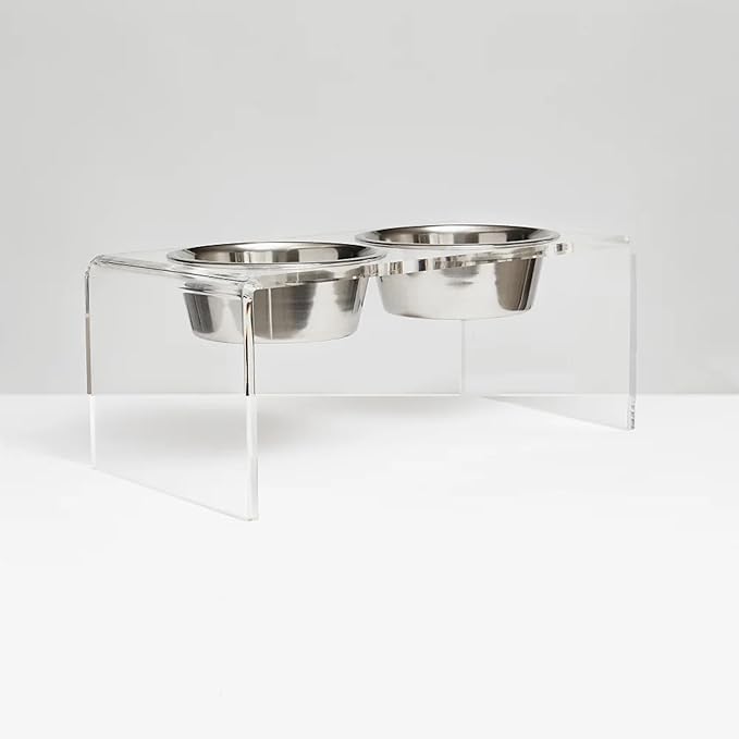 Hiddin Double Elevated Dog Bowl Stand for Medium or Large Dogs, All Breeds, Clear Acrylic 7 Inch Raised Dog Bowl Stand with Two Stainless Steel Bowls for Food and Water - 3.5 Cups Each Dish