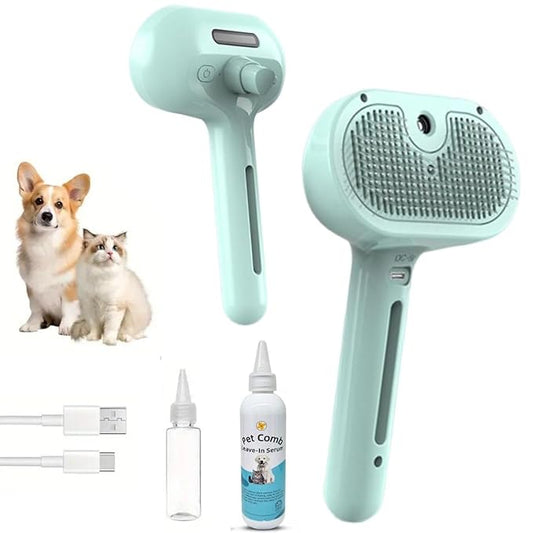 3 in 1 Cat Steam Brush - Self Cleaning Pet Steam Brush for Cat & Dog - Cat Brushes for Shedding with Quiet Motor - Elimination Flying Hair - Keep Your Clothes & Home Clean, Green