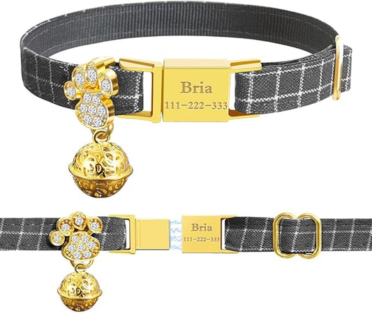 Personalized Breakaway Cat Collars - Magnetic Buckle, Bell - Safety Quick Release, Customized for Girls & Boys Cats- (Checkered-Grey)