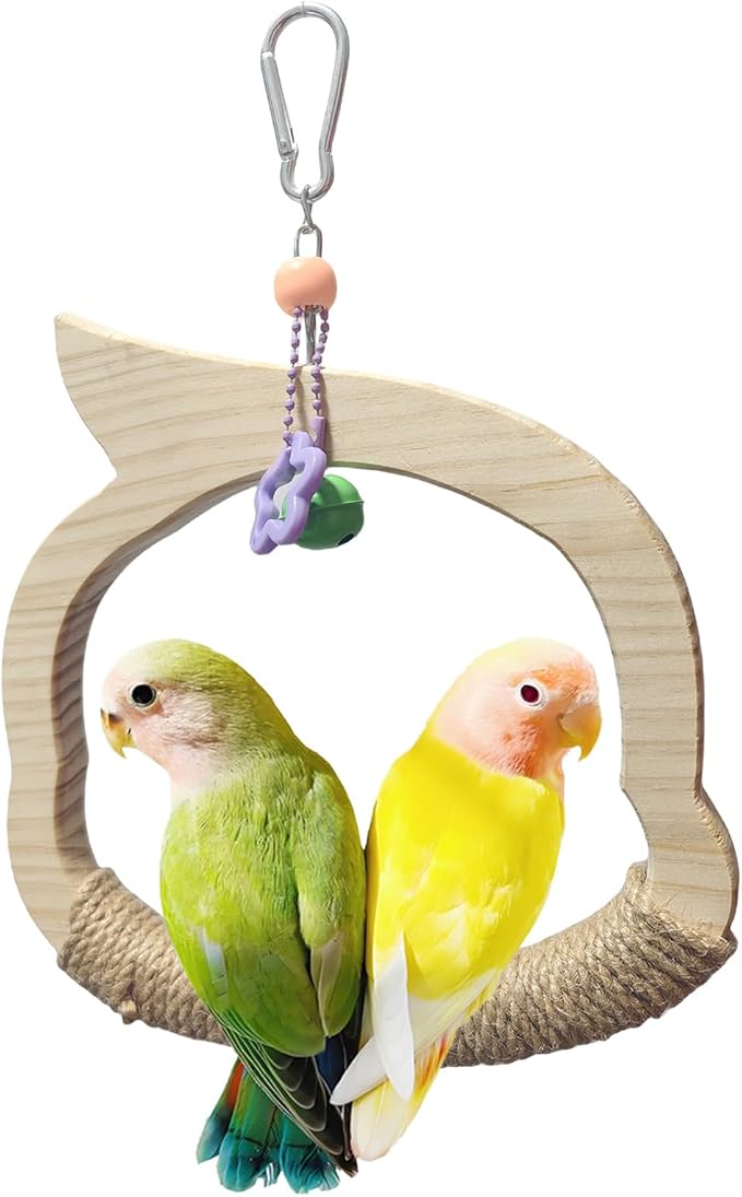 Wooden Bird Swing Perch Toy for Small and Medium Parrots, Natural Wood Ring with Bell and Rope Wrap, Hanging Cage Toy for Cockatiels, Budgies, Lovebirds, Conures