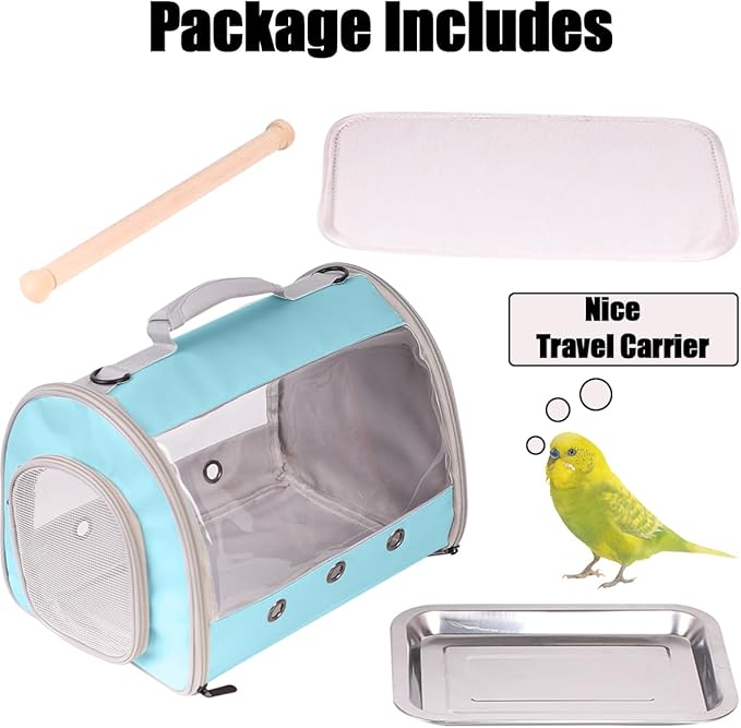 Long Tail Portable Bird Travel Carrier Cage with Metal Tray Soft Mat and Wooden Standing Perch, Hands Free Lightweight Clear 2 Windows Carry Bag for Parakeet Budgies Cockatiel Transport to Vet